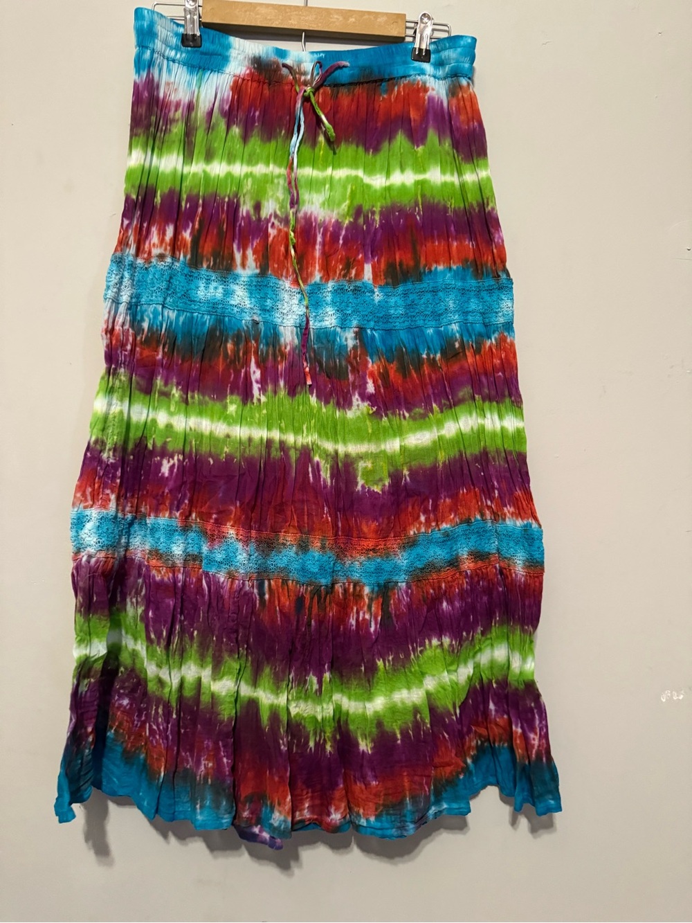 Bohemian style Multicolor Tie-Dye Maxi Skirt — Blue, Green, Purple, Red